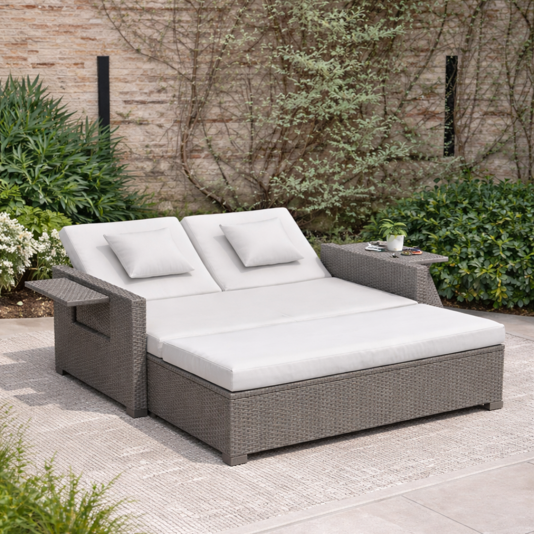 Outdoor lounge chair with white cushions on a patio