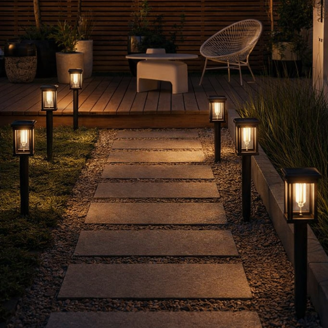Modern garden with lantern lights, lighting up the pathway.