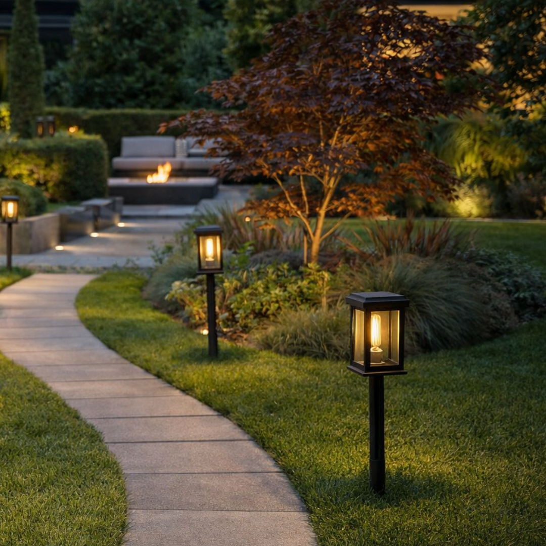 Traditional lantern lights set up to light a outdoor walkway.