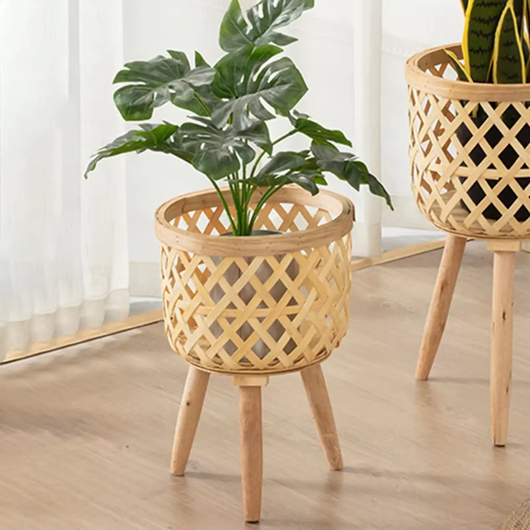Lightweight wicker plant pots with natural texture, in a home 