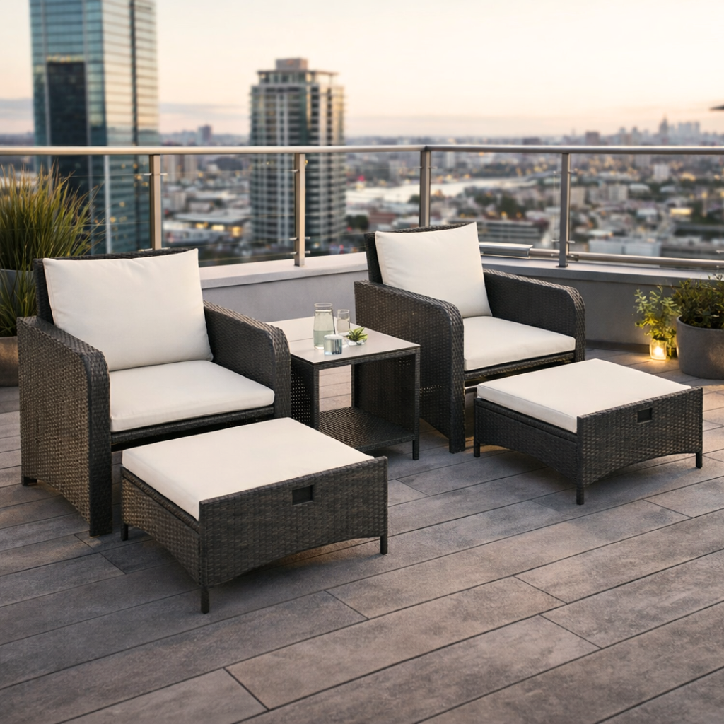Outdoor patio furniture set with white cushions on a rooftop deck with cityscape view.