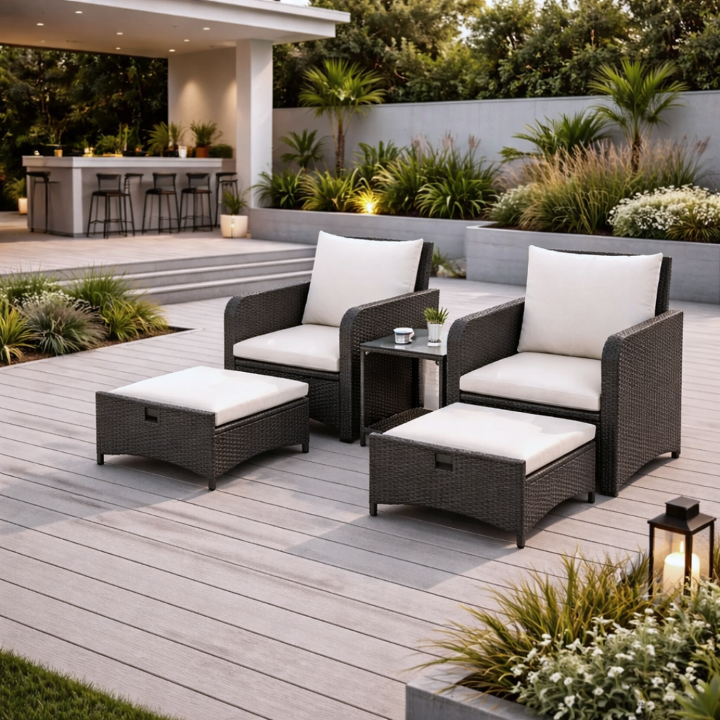 Outdoor patio furniture set with white cushions on a wooden deck, surrounded by plants and a modern building.