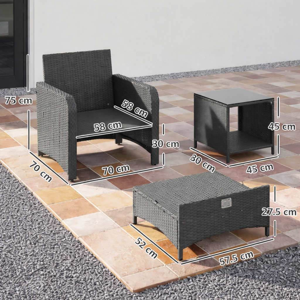 Garden furniture set with dimensions labeled on a patio floor.
