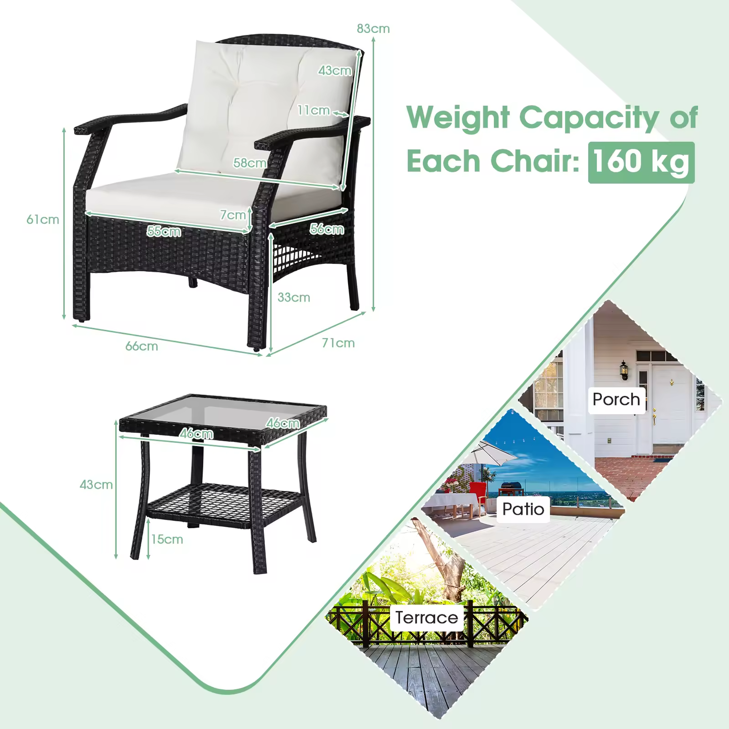 Modern black rattan lounge seating for garden, dimensions and weight specifications