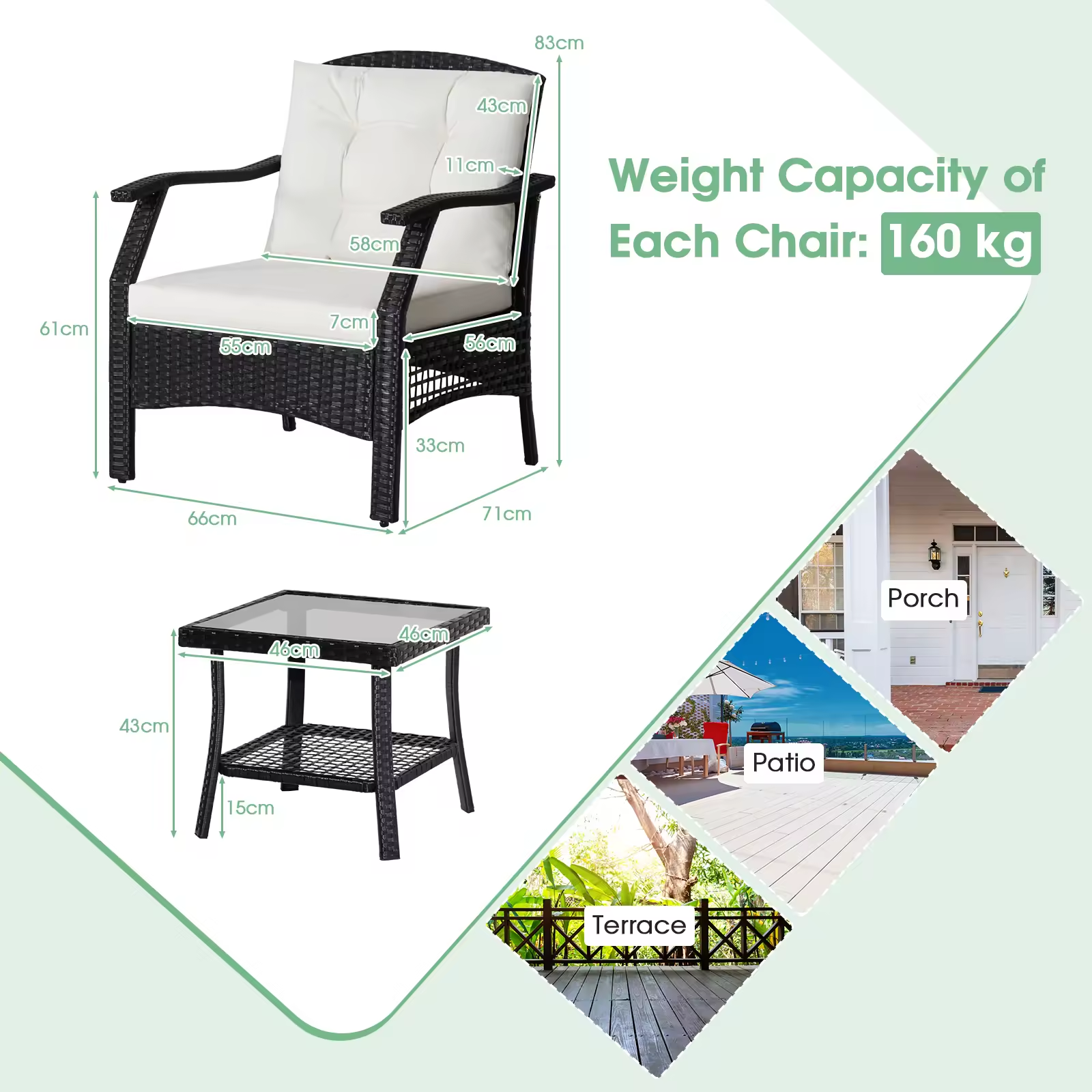 Modern black rattan lounge seating for garden, dimensions and weight specifications